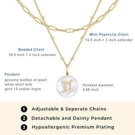 Zodiac Gold Sign on White Pearl & Shell Necklace - 2 Layered & Separate Chain with Dainty Disc Shell Pendant, Featuring 12 Constellations, Perfect Jewelry for Birthday Gifts