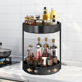 Fineget Rotating Spice Rack Organizer for Cabinet Kitchen 2 Tier Large Metal Lazy Susan Spinning Turntable Tiered Vertical Storage Rack Self Black