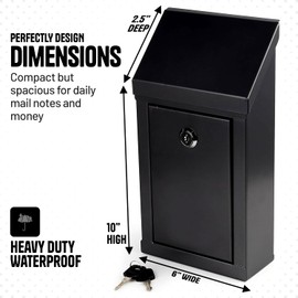 Metal Donation Box-Suggestion Box with Slot and lock-Cash Lock box for Money-Waterproof Drop Box-Comment and ballot voting box-comes with pre-drilled holes for easy wall mounting 10x6x2.5"(Black)