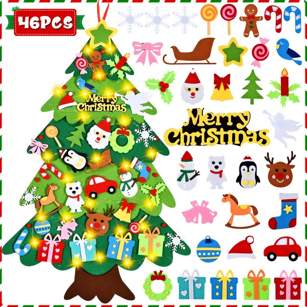 Felt Christmas Tree - 3.4 FT Christmas Decorations for Toddlers with 46 Pcs Ornaments,DIY Xmas Gifts for Door Wall Hanging Decorations