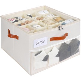 HOMICKER Shoe Organizer for Closet, Shoe Storage Box, Foldable Shoe Box with Adjustable Dividers and Clear Cover, Closet Shoe Organizer Fits up to 16 Pairs, 1-Pack, Extra Storage Pocket for Socks