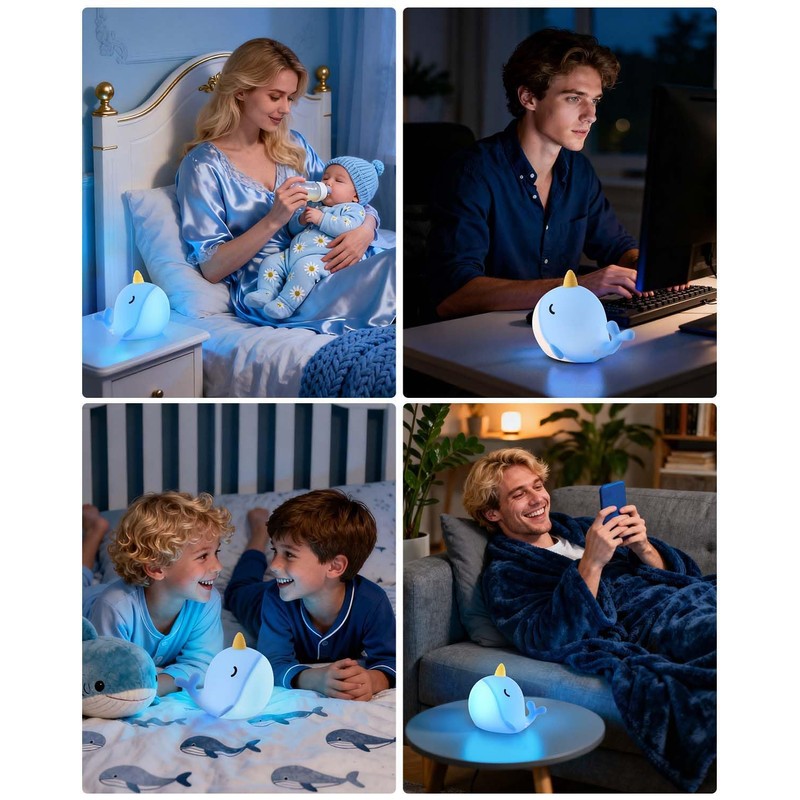 Fuloon Narwhal Night Light with Whale Shape, Squishy Silicone Kids