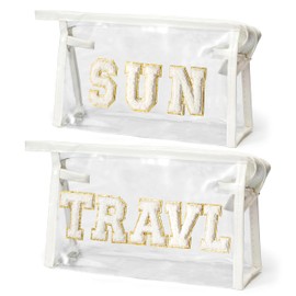 EZdhuawuse Preppy Patch Cosmetic Bag - 2Pcs Summer Small SUN Large TRAVEL Chenille Varsity Toiletry Bags Waterproof Portable Makeup Bag PVC Zipper Clutch Purse Travel Beach Bag for Women Girls(White)