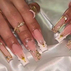 HOSAILY Long Coffin Gold Star 3D Press on Nails - Semi-Handmade Water Ripple Texture, White French Tip, Holiday/Wedding False Nails, 24Pcs with Full Accessories