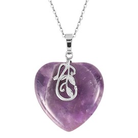 Nupuyai Amethyst Love Heart Crystal Pendant Necklace for Women, Leaves Charm Reiki Chakra Healing Stone Pendant with Chain 50cm
