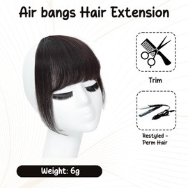 Clip in Bangs Fake Hair Clip, Women Clip in Fringes, Air Bangs Hairpieces with Temples, Curved Bangs Clip Made from Real Human Hair (Brown Black)