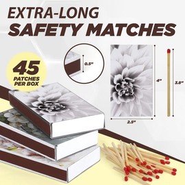 Box Matches, Long Wooden Matches, Strike on Box - Kitchen Matches - Decorative Candle and Fireplace Wood Matches- 3 Pack - 135 Matches Total (Flower Design)