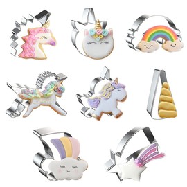 Fox Run Unicorn and Rainbow Cookie Cutters, Set of 8, Unicorn Cutters Stainless Steel Fondant Cutters Unicorn Head (Cartoon Cookie Cutters Set)