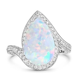 925 Sterling Silver Pear Opal Rings，Opal Ring Opal & Moissanite Ring Opal Engagement Promise Rings for women Opal Wedding Rings for women Opal Jewelry Gift Anniversary Birthday for Women Mom Wife (Opal size:6×12mm)