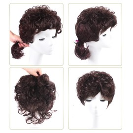 Remeehi 5.5" x 5.5" Short Curly Human Hair Extensions Crown 13cm Long Invisible Toupee