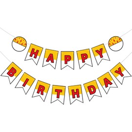 Happy Birthday Banner Decorations - Cute Cartoon Anime Themed Party Hanging Bunting - Red & White Yellow Paper Garland for Kids, Adults, Birthday Party Supplies (Decorative Bunting Sign)