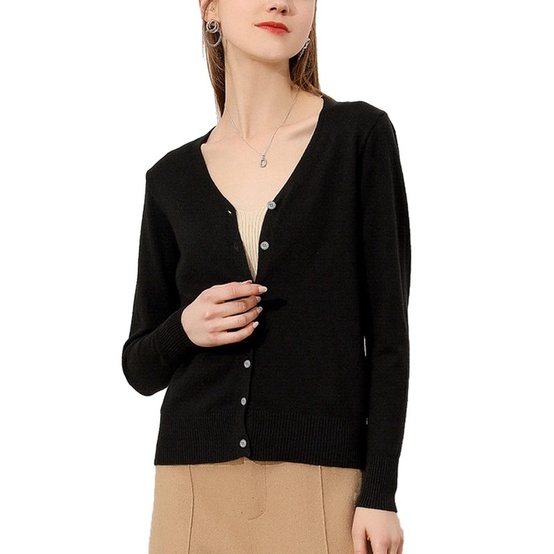Blostirno Women's V-Neck Knit Cardigan, Cotton, Plain, Thick, Office, Loose,