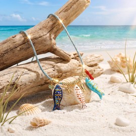 MUYAN Boho Colored Acrylic Fish Charm Necklace with Bright Blue Cord Chain Seashore Beach Necklaces for Women Summer Ocean Jewelry