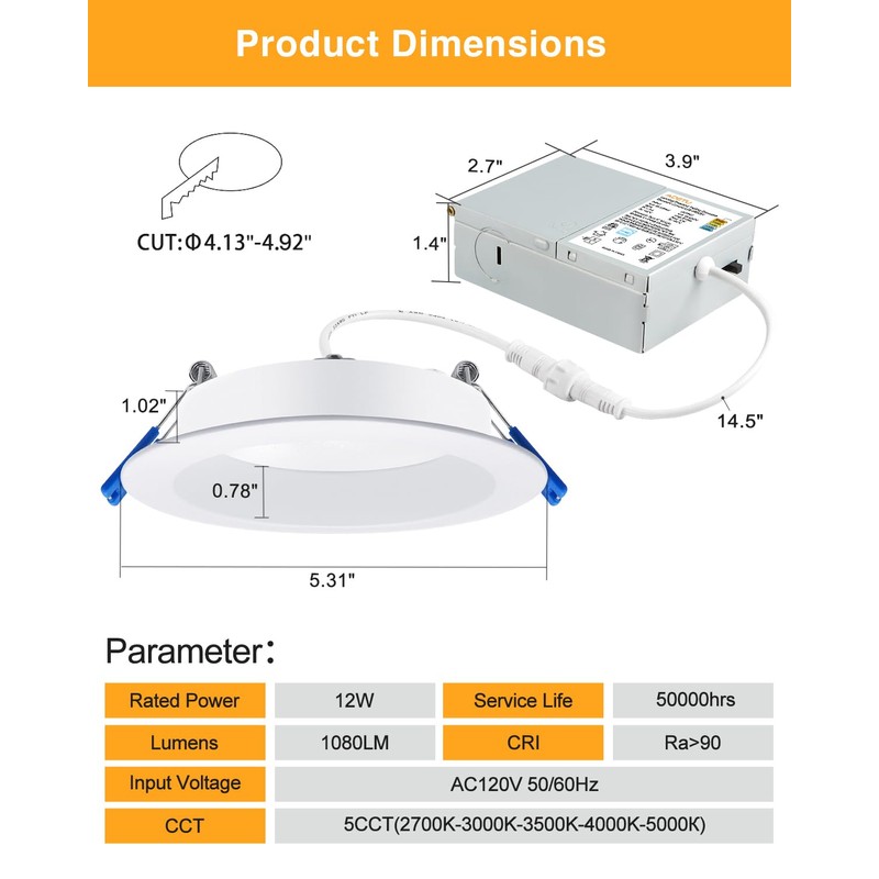 Adetu 4 Inch Anti-Glare LED Downlight,Dimmable Ceiling Light with 5CCT