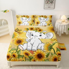 QOOMO Kawaii Elephant Bedding for Boys and Girls Cartoon Wild Animal Kids Sheets Set Sunflower Microfiber Flat Fitted Sheets Set for Children Twin Size 1 Fitted Sheet, 1 Flat Sheet, 2 Pillow Cases
