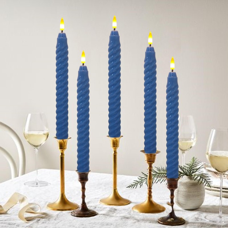 FCMSHAMD Dark Blue Spiral Flameless Taper Candles, 9.8 Inch Flickering
