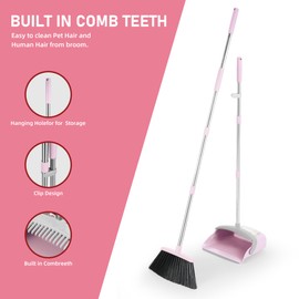 BSKLIN Broom and Dustpan Set, Outdoor Broom with Dust pan for Home Commercial Cleaning Supplies Angle Broom with Long Handle Perfect for Courtyard Garage Street
