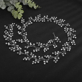 Teyglen Crystal Bride Wedding Hair Vine Bridal Long Pearl Headband Crystal Pearl Beads Long Hair Vine Gold Silver Wedding Head Piece Wedding Hair Accessories for Women Girls (Silver)