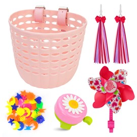 Oumers Kids Bike Basket Set, Children's Bike Decoration Accessories with Wheel Spoke Beads Plastic Bicycle Basket Bicycle Bell Bicycle Windmill