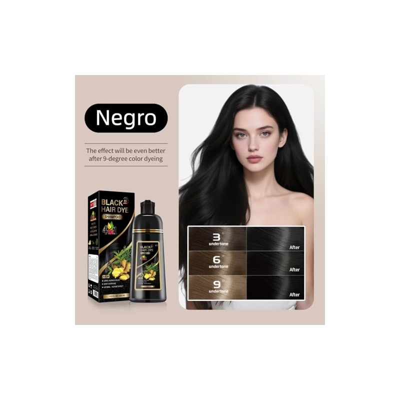 4 en 1 para Champú Colorante, Shampoo Tinte 500ml (Negro)