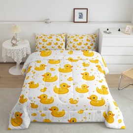 Erosebridal Cute Yellow Duck Queen Bedding Set,Kawaii Rubber Duck Comforter Set for Kids Girls Boys,Cartoon Animal Print Quilt Bed Set,Gifts for Pet Lovers Funny Duck Bed Comforter Set 3Pcs
