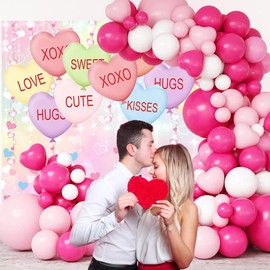 Mocsicka Valentine's Day Backdrop Kisses Hugs XOXO Photography Background Glitter Pastel Colorful Love Heart Balloons Party Decorations Photo Booth Props (7x5ft(82''x60''), Pink)