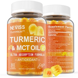 NEVISS Turmeric Gummies 1000mg w/MCT Oil C8 C10, Organic Antioxidant, Sugar Free Turmeric Curcumin Supplement + Black Pepper Extract Support Flexible & Comfort, Digestion, Energy, Ultra Absorption, 60 Counts