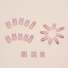 24PCS Press on Nails Short Long French Tips - Fake Nails, Glue on Nails, Reusable False Nails, Acrylic Stick on Nails for Women and Girls (Pink White Glitter)
