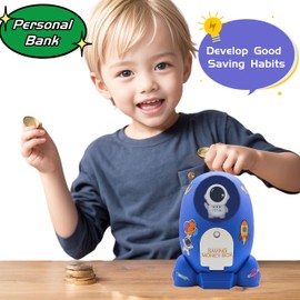 Rocket Ship Piggy Bank for Boys Money Safe Astronaut Piggy Banks for Kids Cash Coin Can ATM Bank Coin Money Bank for Kids with Key Astronaut Sticker Practical Gifts for Children (Dark Blue)