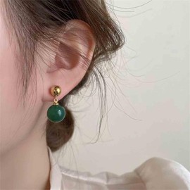 Aneneiceera Vintage Green Gemstone Earrings Round Green Jade Earrings Green Stone Drop Earrings Deep Green Gemstone Earrings Jewellery for Women, Zinc