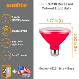 Sunlite 81470 LED PAR30 Short Neck Colored Recessed Light Bulb, 8 Watt (75W Equivalent), Medium (E26) Base, Floodlight, ETL Listed, Red, 1 Count