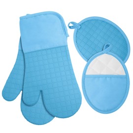Oven Mitts and Pot Holders 4 Sets, Heat Resistant 500 ℉ Oven Mitt and Pot Holder, Long Oven Mitts with Recycled Cotton Infill and Silicone Non-Slip Surface for Baking and Cooking(Blue)