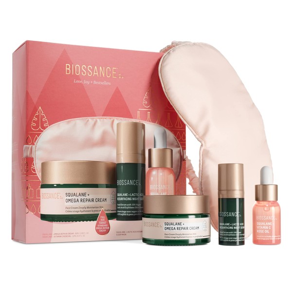 Biossance Love, Joy + Bestsellers Set. Full Size Omega Repair Cream (1.69 oz) + Travel Size Vitamin C Rose Oil (.4 oz) + Travel Size Lactic Acid Resurfacing Serum (.34 oz) + Sleep Mask
