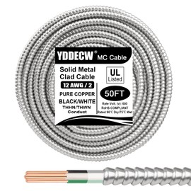 50ft 12/2 Metal Clad (MC) Cable with Ground, 12 Gauge Electric Wire with Aluminum Armor, Solid Bare Copper Conductors for Indoor Outdoor Underground Embedded Installation (12/2, 50 ft)