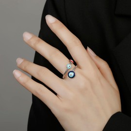 Winssigma Evil Eye Ring for Women, Gold Plated Colorful Cubic Zirconia Turkish Faith Protection for Women(Evil Eye G Silver)