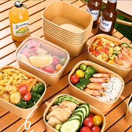 Artuxer 50-Pack 29oz Disposable Kraft Paper Bowls with PET Lids and Forks, Rectangle Cardboard Meal Prep Containers,Paper Leakproof Food Containers,Soup Serving Bowl for Hot/Cold Food-Microwave Safe