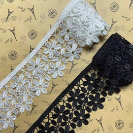 8CM Width Europe Snowflake Pattern Inelastic Embroidery Lace Trim,Curtain Tablecloth Slipcover Bridal DIY Clothing/Accessories.(２Yard in one Package) (Black)