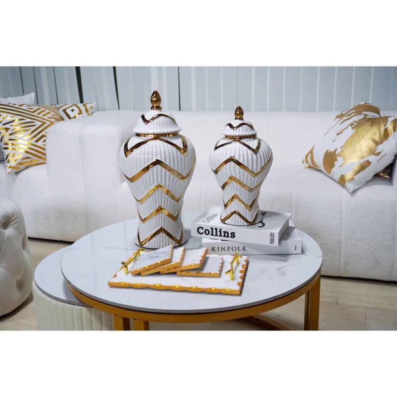 Homeroots 18" White and Gold Chevron Urn Ceramic Ginger Jar