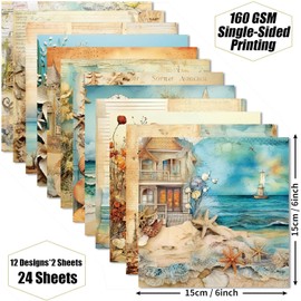 Scrapbooking Paper, 24 Sheets Vintage Scrapbook Paper, 15 x 15 cm Sea Theme Design Paper, Decoupage Paper, Craft Paper, Scrapbook Accessories for DIY Diary, Greeting Cards, Crafts, Notebook, Albums
