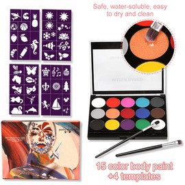 15 Color Face Body Paint, Washable Non Toxic Safe Face Painting Set with 2 Brushes and 4 Stencils, Professional Body Art Face Makeup Palette for Cosplay Party Stage