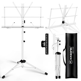 K KASONIC - Music Stand, 2 in 1 Dual-Use Folding Sheet Music & Desktop Book Stand, Portable, Lightweight with Music Sheet Clip Holder & Carrying Bag Suitable for Instrumental Performance, White