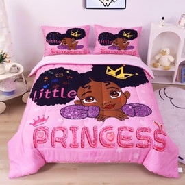 GRAT TIOC Cute Black Girl Comforter Set Queen,Black Girl Magic Bedding Set,African American Comforter Set,Afro Melanin Bed Set Princess Bedroom Decor
