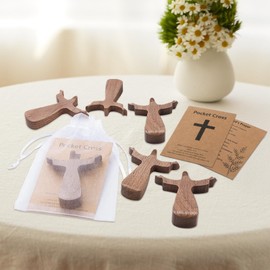 EOKPHULL 3Pcs Walnut Wooden Cross, Pocket Prayer Cross Handheld Comfort Crosses, Fingertip Stress Relief and Encouragement Gift with Organza Bags and Cards