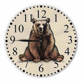 KEEPSUPER Brown Fun Bear Wall Clock Wild Maccasin Bear Clock 10 Inch Silent Non-Ticking Clocks Battery Operated for Home Living Laundry Room Kitchen Bedroom Office