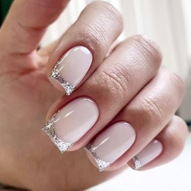 Silver French Tip Press on Nails Medium Square Fake Nails with Silver White Glitter Edge Design Glue on Nails Full Cover Nude Pink Acrylic Nails Glossy French False Nails for Women Artificial Nails
