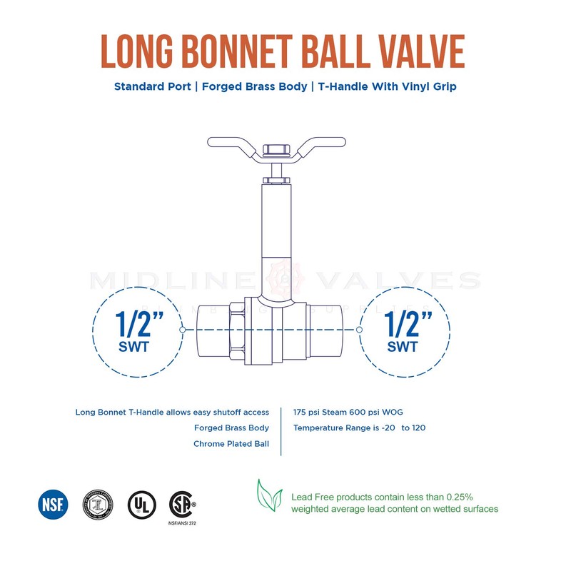 Midline Valve 75343-10 Premium Brass Ball Valve, Long Bonnet with