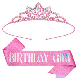 TIOSRU Pink Birthday Girl Sash and Crown-Princess Tiara for little girls Crystal Birthday Crown for Girls Glitter Birthday Sash Birthday Party Favors