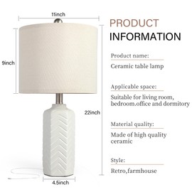 iKopyal 22" Ceramic Table Lamp Set of 2 for Living Room White Desk Lamps for Bedroom Farmhouse Bedside Nightstand Lamp End Table Lamps