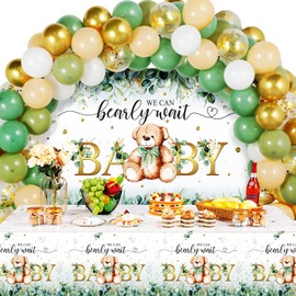 61 Pcs Bear Baby Party Shower Decorations Sage Green Bear Baby Party Decor Kit We Bearly Wait Backdrop Bear Tablecloth Balloons Arch Bear Theme Party Supplies for Kids Baby Birthday Shower