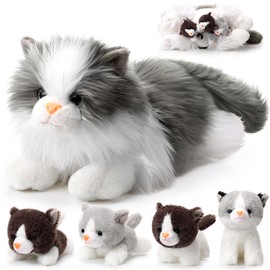 HyDren 5 Pcs Realistic Ragdoll Cat Stuffed Animal, 17.75 Inches Large Ragdoll Cat Mommy Plush with 4 Cute Babies Soft Plush Kittens Set for Girls Boys Birthday Party Favors(Grey)